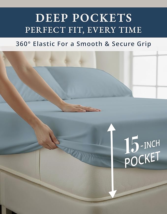 LANE LINEN Ultra Soft California King Sheets Set,100% Egyptian Cotton Mercerized Fully Elasticized with French Seam on Fitted Hotel Like Thick Luxury Cal King Bed Sheets- French Blue