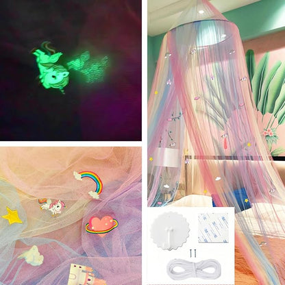 Eimilaly Princess Rainbow Bed Canopy with Unicorn Castle Glow in The Dark, Bed Canopy for Girls Room Decor or Fairy Theme Party