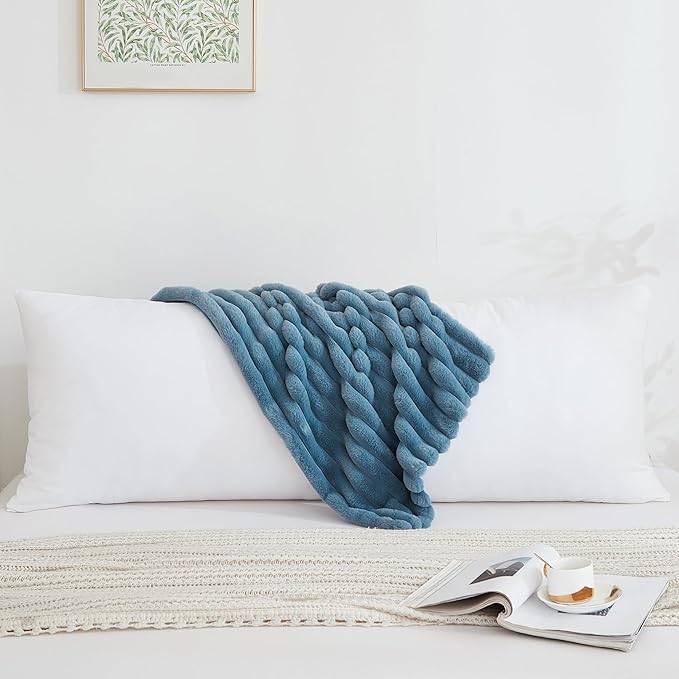 Full Body Pillow with Fluffy Stripe Faux Fur Removable Cover, Long Bed Pillow Adult 20x54 Inches for Side Sleeper and Pregnancy, Dusty Blue.