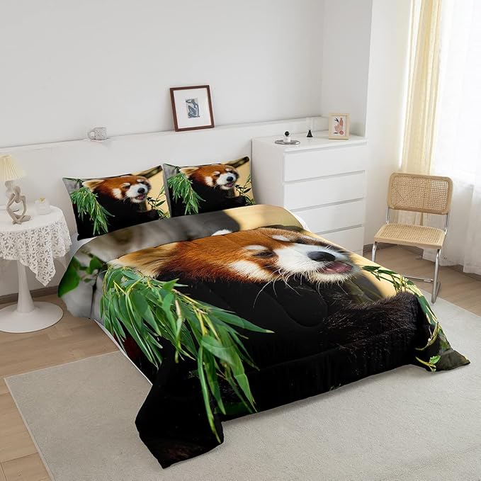 Feelyou Red Panda Bedding Set Cute Animal Pattern Comforter for Kids Boys Girls Teens Red Panda Leaves Print Comforter Set Breathable Nature Quilt Set Bedroom Collection 2Pcs Twin Size