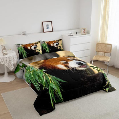 Feelyou Red Panda Bedding Set Cute Animal Pattern Comforter for Kids Boys Girls Teens Red Panda Leaves Print Comforter Set Breathable Nature Quilt Set Bedroom Collection 2Pcs Twin Size