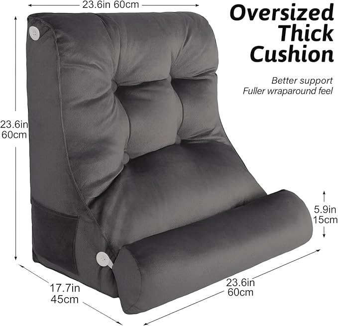 2PCS Reading Backrest Pillow Set,Soft FleeceLike,22''x24'' Bed Rest Pillow w/Removable Washable Cover,for Sit/Sleep,Leg/Back Support,Acid Reflux,PostSurgery Relief,Side Phone Pocket,Dark Grey