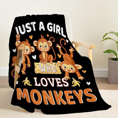 Monkey Blanket for Girls Just A Girl Who Loves Monkeys Gifts for Kids Women Soft Lightweight Comfortable Throw Blanket for Bedding Sofa Camping 40x50inches