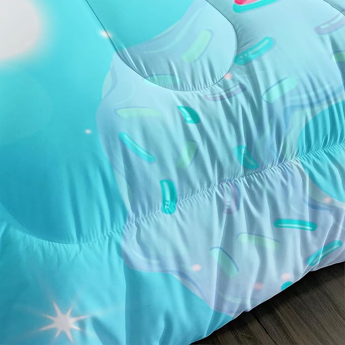 Cartoon Axolotl Twin Size Comforter Set, Kawaii Milk Tea Donut Stars Pattern, Animal Themed Comforter Set with 2 Pillowcases