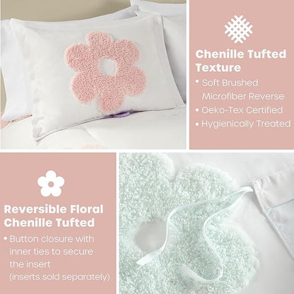 Intelligent Design Kids Twin Duvet Cover Set for Girls, Tufted Chenille Floral Duvet Set Twin, Lightweight Polka Dot Duvet Reversible Bedding Cover, Sham, Pillow, Gracie, Twin White/Purple 3 Piece