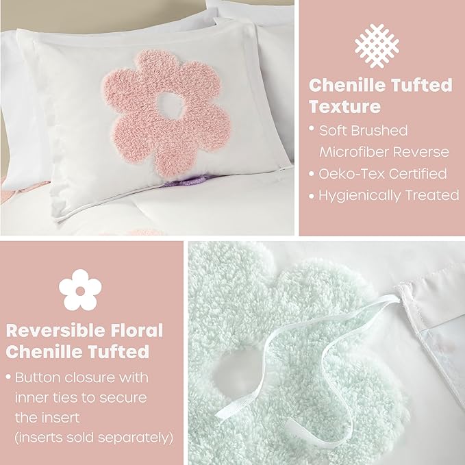 Intelligent Design Kids Full Duvet Cover Set for Girls, Tufted Chenille Floral Duvet Set Queen, Lightweight Polka Dot Reversible Bedding Cover, Gracie, Full/Queen White/Purple 4 Piece