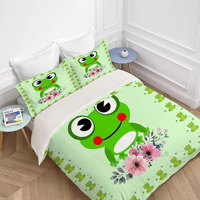 Frog Bedding Set Cartoon Frog Theme Comforter Set for Kids Teens Adults Women Men Green Frog Duvet Cover Bedroom Decor Soft King Size Quilt Cover with 2 Pillowcases