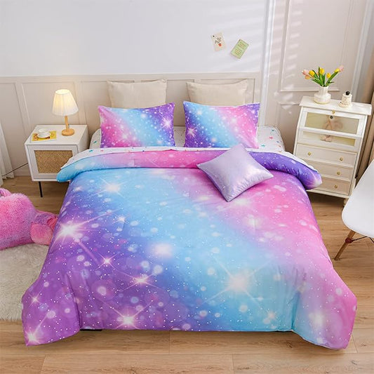A Nice Night 6Pcs Gradient Glitter Bedding Set for Girls Twin Size, Colorful Rainbow Galaxy Comforter Set, Ultra Soft Bedding Sets, Purple