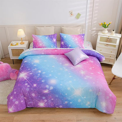 A Nice Night 6Pcs Gradient Glitter Bedding Set for Girls Full Size, Colorful Rainbow Galaxy Comforter Set, Ultra Soft Bedding Sets, Purple