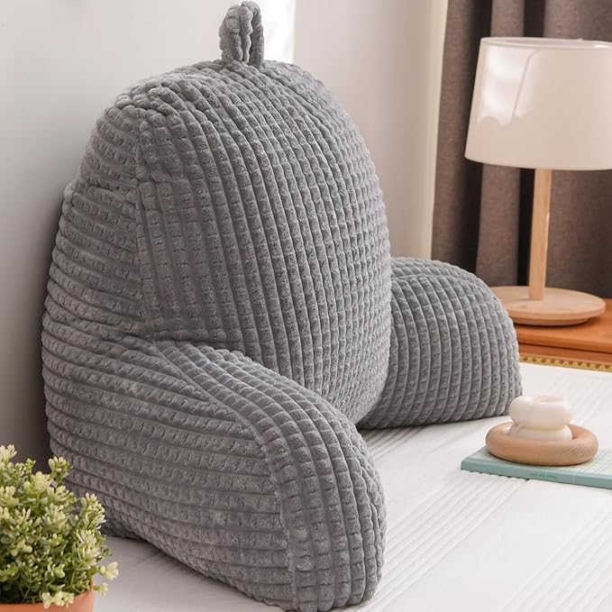 A Nice Night Reading Pillow Bed Wedge Large Adult Children Backrest with Arms Back Support for Sitting Up in Bed/Couch for Lounging Bedrest,Waffle Stereoscopic Design,Grey