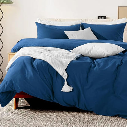NEXHOME PRO Duvet Cover Set Queen Size Linen Feel Textured Navy Organic Natural 100% Washed Cotton Duvet Cover 3 Pieces Bedding Set with Zipper Closure, Breathable, Soft (No Comforter)
