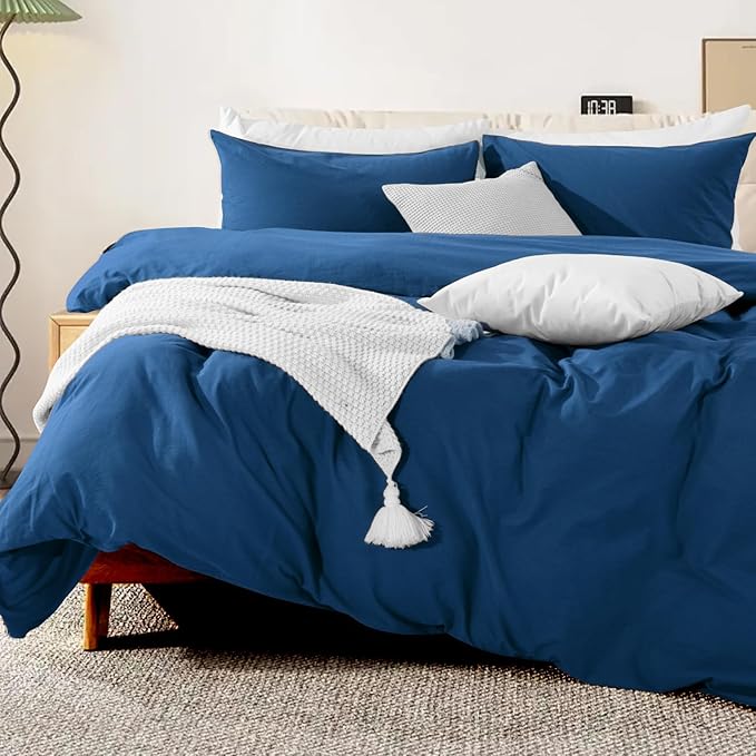 NEXHOME PRO Duvet Cover Set 100% Washed Cotton Oversized Queen 98"x98", Organic Natural Linen Look Textured 3 Pieces Bedding Set Royal Navy Klein Blue with Zipper Closure, Soft (No Comforter)