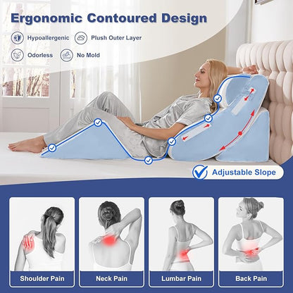4PCS Wedge Pillow Set for Sleeping – Orthopedic Bed Pillow for Post Surgery, Adjustable Memory Foam Support for Sitting Up in Bed, Back Pain, GERD, Snoring Relief, White Blue