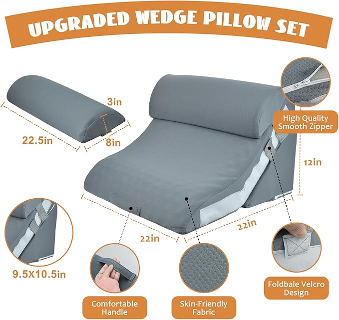 4PCS Orthopedic Bed Wedge Pillow Set, Adjustable Curve Memory Foam Wedge Pillow, Pillow Wedges for Post Surgery, Back Pain Relief, Triangle Pillows for Acid Reflux, Snoring, GERD, Grey