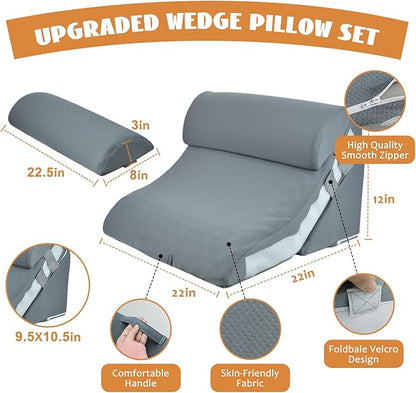 4PCS Orthopedic Bed Wedge Pillow Set, Adjustable Curve Memory Foam Wedge Pillow, Pillow Wedges for Post Surgery, Back Pain Relief, Triangle Pillows for Acid Reflux, Snoring, GERD, Grey