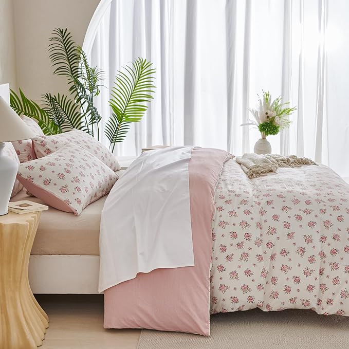 Jane yre King Duvet Cover Set Floral Soft Brushed Microfiber Crinkle Gauze 3 Pieces King Bedding Garden Style Flower Pattern King Duvet Cover Floral with Zipper Closure, Luxury Breathable Comfy