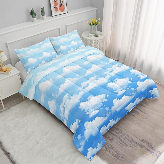 Axolotl Blue Cloud Comforter Set King,Cloud Sky Comforter for Kids,Light Blue Bedding Set,Blue Sky and White Clouds Bedding,Cute Clouds Sky Quilt for Girls Boys Teens,1 Duvet 2 Pillowcases