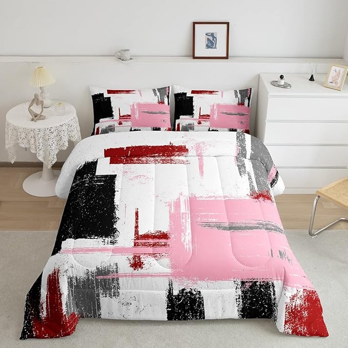 Abstract Bedding Set Comforter Set for Kids Boys Girls Teens Room Decor Modern Abstract Art Comforter Black Red White Pink Duvet Set 2Pcs Toddler Size