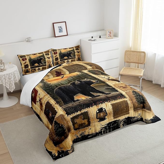 Feelyou Bear Comforter Set Toddler Size Wild Animal Quilt Set for Boys Girls Teens Rustic Cabin Country Bedding Set Nature Wildlife Duvet Set