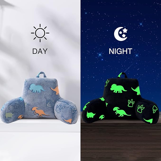Aimuan Reading Pillow Glow in The Dark Bed Rest Wedge Kids Glow Backrest Pillow Dinosaur Print with Arms Back Support for Sitting Up in Bed Cushion, Orange-Blue