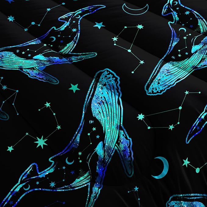 Whale Print Comforter Marine Life Bedding Set,Glowing Stars Moon Constellation Pattern Comforter Sets for Kids Boys Girls Room Decor,Cute Coastal Bedding Set King Size with 2 Pillowcases.
