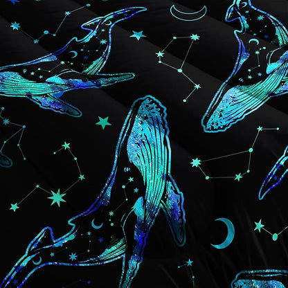 Whale Print Comforter Marine Life Bedding Set,Glowing Stars Moon Constellation Pattern Comforter Sets for Kids Boys Girls Room Decor,Cute Coastal Bedding Set King Size with 2 Pillowcases.
