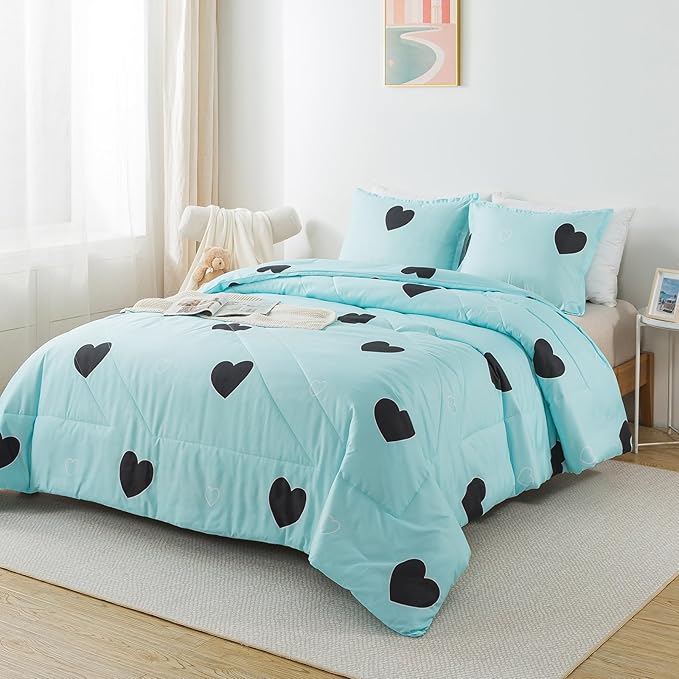 Caressma Blue Love Comforter Set Queen Size, Cute Heart Pattern Bedding Comforter for Girls Women, 3 Pieces Soft Microfiber Fluffy Lovely Comforter Set for All Seasons Room Decor