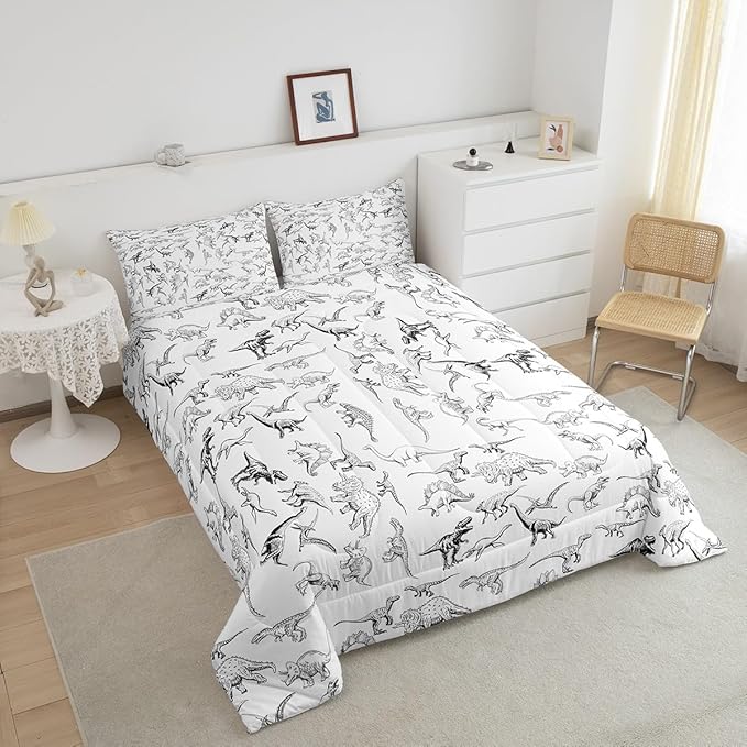 Feelyou Dinosaur Bedding Set King Size 3D Digital Print Comforter Set for Kids Boys Girls Decor Jungle Dino Comforter Wild Animal Black and White Duvet Set Bedroom Quilt Set