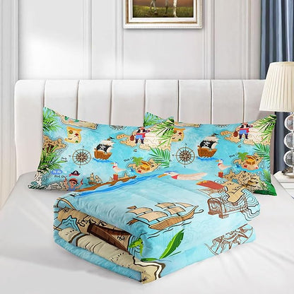 Kids Comforter Set Pirate Ship Printed Pattern Bedding Set with 1 Comforter and 2 Pillowcases for Girls Boys Bedroom All Season(Pirate Ship Full)