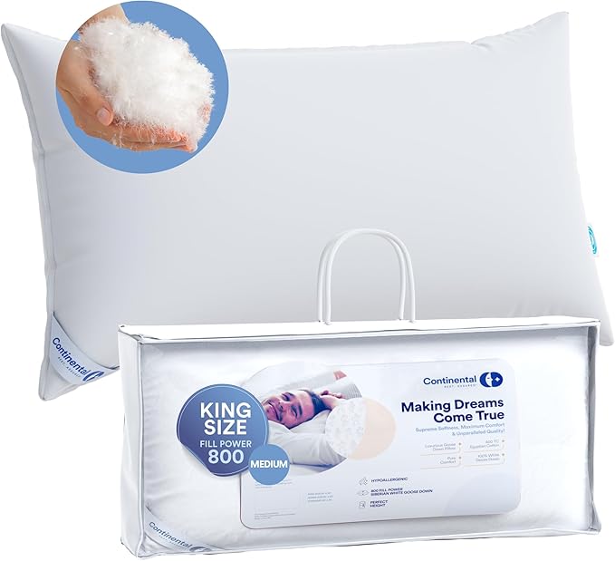 100% Siberian Goose Down Pillow - Medium Support King Size, Pack of 1 - Soft and Luxurious Siberian Down Pillow for Side & Stomach Sleepers, 800 FP, Fine Cotton Shell, USA-Made - Medium Loft