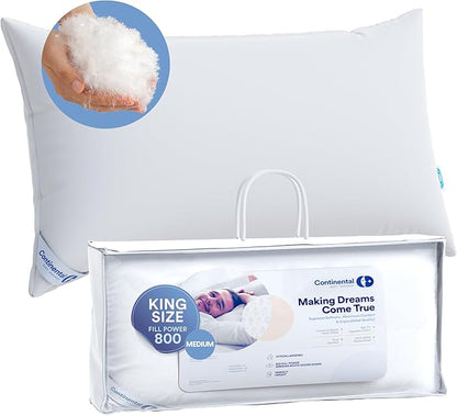 100% Siberian Goose Down Pillow - Medium Support King Size, Pack of 1 - Soft and Luxurious Siberian Down Pillow for Side & Stomach Sleepers, 800 FP, Fine Cotton Shell, USA-Made - Medium Loft