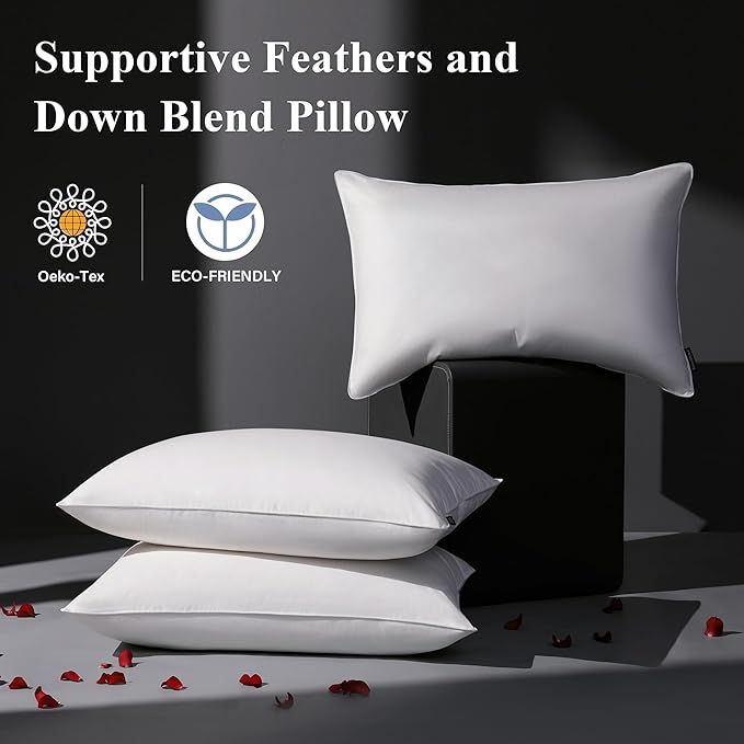 Feather Down Pillow Standard Size Set of 2 Pack, 100% Cotton Hotel Collection Bed Pillows for Sleeping, Down Surrounded Soft Medium Firm Pillows for Side Back Stomach Sleepers 20" x 26"