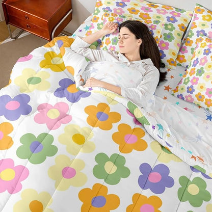 Feelyou Cute Flower 7 Piece Bedding Set Colorful Floral Comforter Set with Sheets for Kids Boys Girls Kawaii Theme Bed in a Bag White Bed Set Soft Lightweight