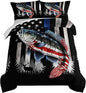 HOSIMA Soft Microfiber Black Full Size Comforter with 2 Pillowcases,American Flag Striped Bass Pattern Bedding Sets,Fishing Comforter Kids Men Boys Room Decor,Bed in a Bag Full Size for Teens.