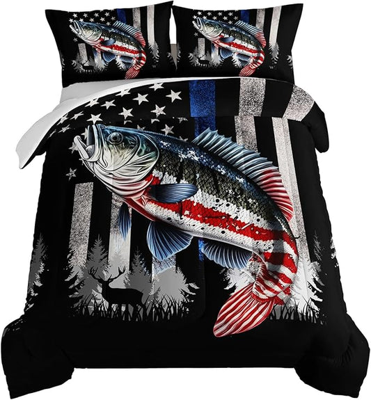 HOSIMA Soft Microfiber Black King Size Comforter Set with 2 Pillowcases,American Flag Striped Bass Pattern Bedding Sets,Fishing Comforter Kids Men Boys Room Decor,Room Essentials for Men.