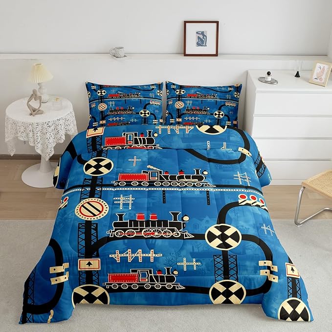 Erosebridal Cartoon Train Bedding Sets King for Toddler Kids Boys Vintage Steam Engine Comforter, Travel Railway Track Transportation Bedding Construction Traffic Signs Retro Car Decor Quilt