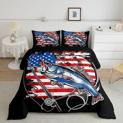 Feelyou American Flag Comforter Set Farmhouse Fishing Bedding Set for Kids Boys Girls Teens Room Wild Fish Decor Comforter Red Blue Stripe Quilted Set 2Pcs Toddler Size