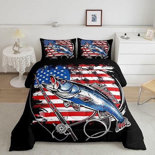 Feelyou Bass Fish Bedding Set Full Size Farmhouse Fishing American Flag Comforter Set for Kids Boys Girls Teens Fishing Lover Room Wild Pike Fish Decor Comforter Red Blue Stripe Quilted Set 3Pcs