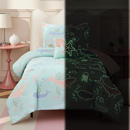 Twin Comforter Set for Girls Kids - 3 Pieces Ocean Animals Twin XL Bedding Set with 1 Comforter, 1 Decor Pillow & 1 Pillow Sham