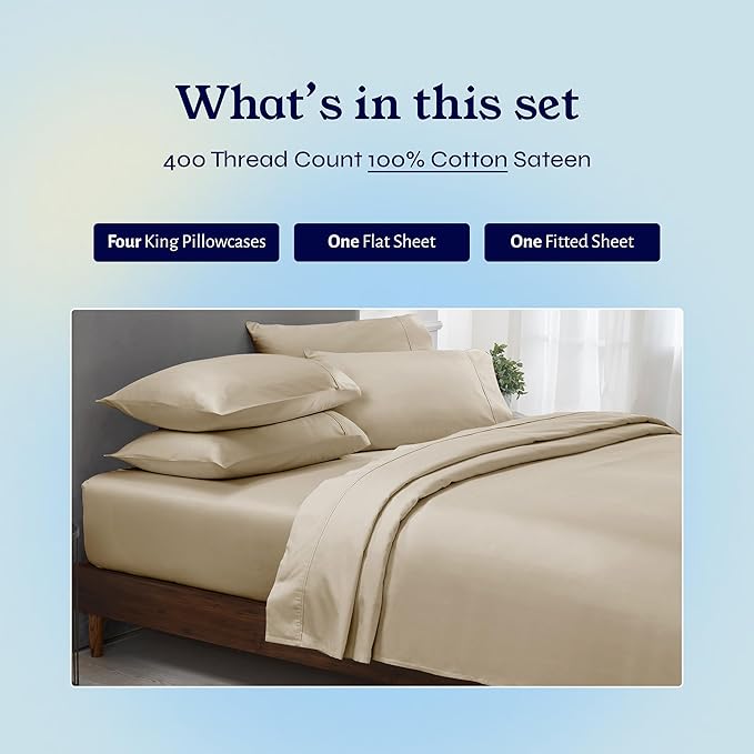 California Design Den 6 Piece King Size Sheets Set with 4 Pillowcases - Soft 400 Thread Count Sateen, 100% Cotton Sheets King Size with Deep Pockets, Durable Bedding Set - Beige (Golden Tone)