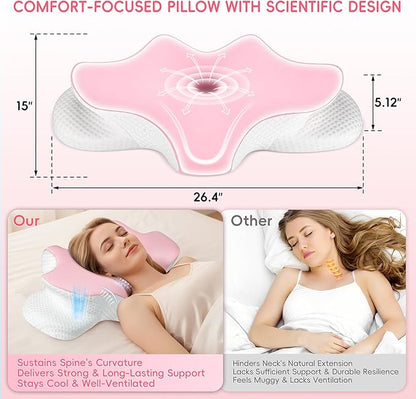 Cervical Neck Pillow for Pain Relief, Ergonomic Contour Pillow for Sleeping, 2 Heights Cooling Pillow for Neck and Shoulder Support, Memory Foam Orthopedic Pillow for Side Back Stomach Sleepers Pink