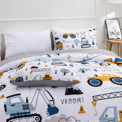 Holawakaka Trucks Tractors Cars Boys 5-Piece Bedding Comforter Sheet Set,Full Size Cartoon Construction Car Excavator Print Kids Bed in A Bag, Excavator Mixer Truck Printed Bed Sets (White Full)