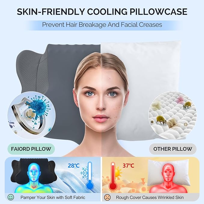 Cervical Pillow for Neck Pain Relief - Cooling Ergonomic Dual-Sided Orthopedic Neck Pillow with Ice Silk Pillowcase, Breathable Memory Foam Contour Pillow for Side, Back, Stomach Sleepers,All Black