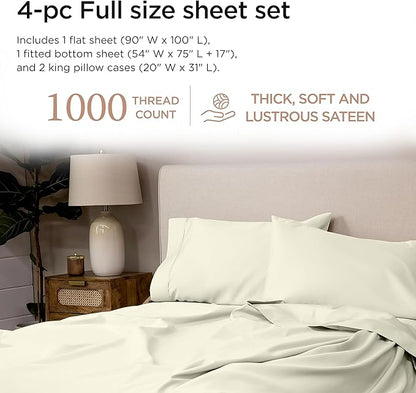 Threadmill Luxury Supima Cotton Sheets, Luxury 1000 Thread Count 100% Soft Cotton Sheets for Full Size Bed, 4 Pc Ivory Bed Sheets Full Set, 5-Star Hotel Quality Deep Pocket Bed Sheets Set
