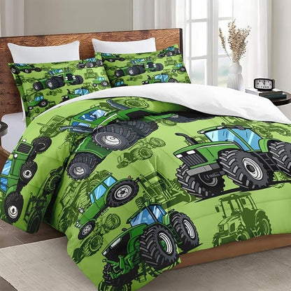 Twin Size Car Comforter Set with Pillowcase, Farm Tractor Summer Soft Green 2 Pcs Bedding for Kids and Adults, Plant Dirt Wheel Comforter Set for Room Bedroom Bed Decor