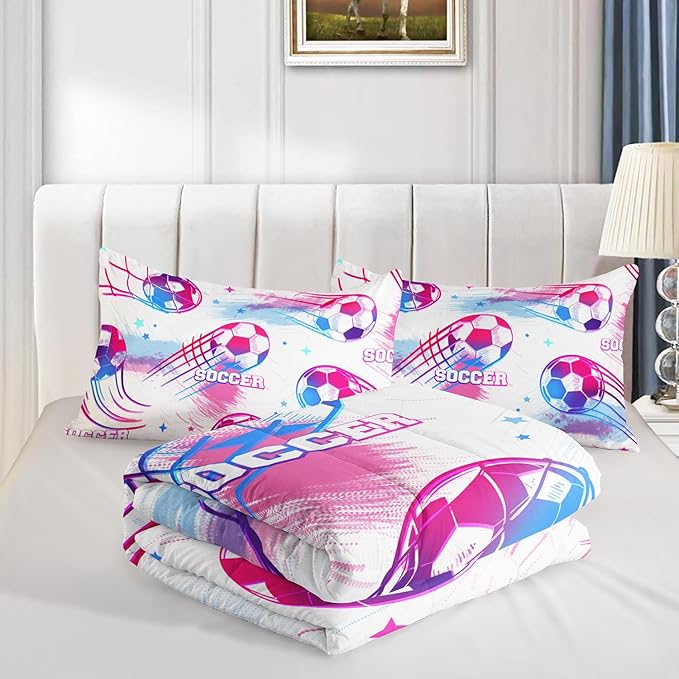 Ball Games Bedding Football King Comforter Set,Pink and Blue Soccers Stars Bedding Set for Kids Girls Boys Room Decor,Sports on The Court Aesthetic Bedding Sets with 2 Pillowcases.