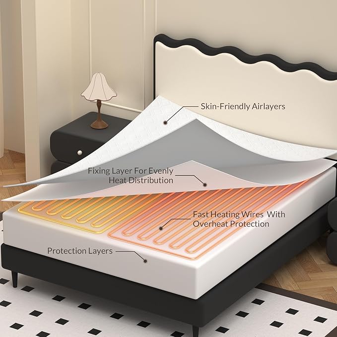 HOMLYNS LuxeHeat Electric Heated Mattress Pad Queen Size Zoned Dual Control with Preheat Function 10 Heat Levels 1-10H Memory Timer, Illuminated Button
