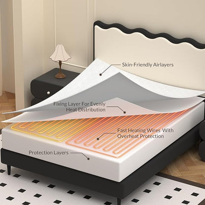 HOMLYNS LuxeHeat Electric Heated Mattress Pad Queen Size Zoned Dual Control with Preheat Function 10 Heat Levels 1-10H Memory Timer, Illuminated Button