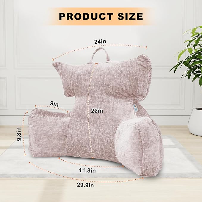 SUNSIDE Reading Pillow with Thickened Arm,Back Pillows for Sitting in Bed,Shredded Memory Foam Bed Rest Pillow with Side/Back Pocket,Backrest Cushion Suitable for Reading, Relaxing(Standard Pink)