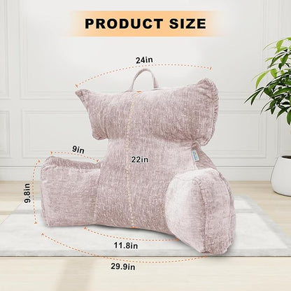SUNSIDE Reading Pillow with Thickened Arm,Back Pillows for Sitting in Bed,Shredded Memory Foam Bed Rest Pillow with Side/Back Pocket,Backrest Cushion Suitable for Reading, Relaxing(Standard Pink)